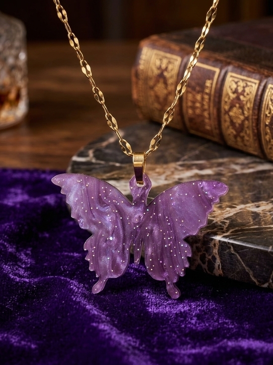 Private Label Jewelry - Lavender Butterfly Necklace Reversible Pendant 18K Gold Plated Chain 16" + 2"
